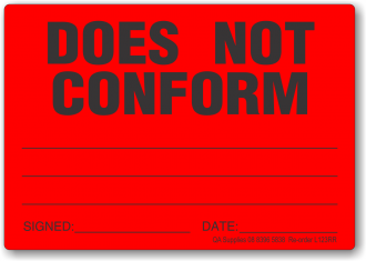 Does Not Conform adhesive label, red, removable