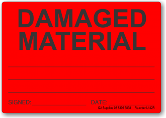 Damaged Material adhesive label, red