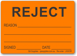REJECT adhesive label, orange removable