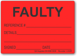 FAULTY adhesive label, red