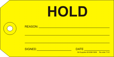 HOLD tie-on tag, yellow